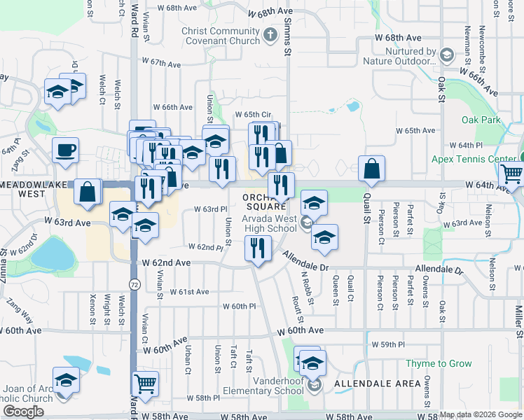 map of restaurants, bars, coffee shops, grocery stores, and more near 11640 West 62nd Place in Arvada