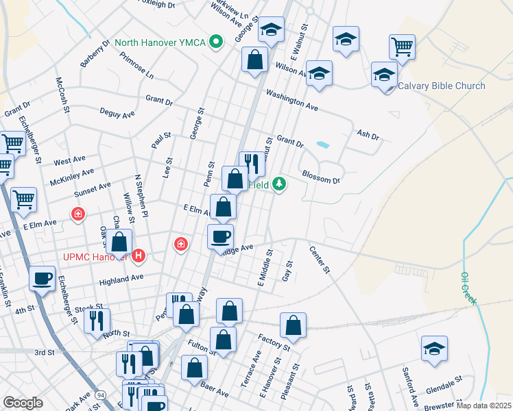 map of restaurants, bars, coffee shops, grocery stores, and more near 671 East Walnut Street in Hanover