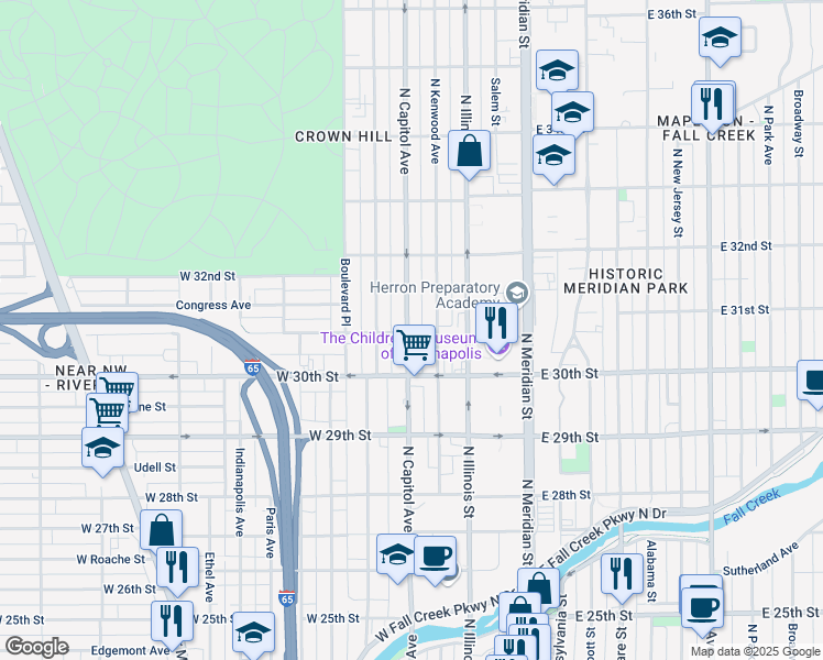 map of restaurants, bars, coffee shops, grocery stores, and more near 3047 North Capitol Avenue in Indianapolis
