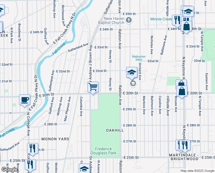 map of restaurants, bars, coffee shops, grocery stores, and more near 3024 Hovey Street in Indianapolis