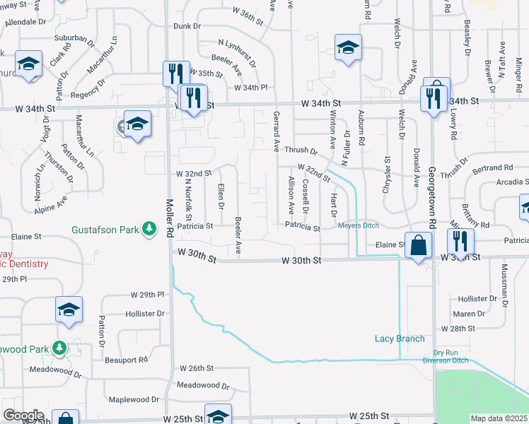 map of restaurants, bars, coffee shops, grocery stores, and more near 3098 Watergate Road in Indianapolis