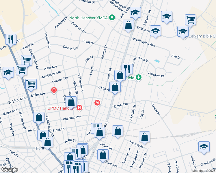 map of restaurants, bars, coffee shops, grocery stores, and more near 205 Penn St in Hanover