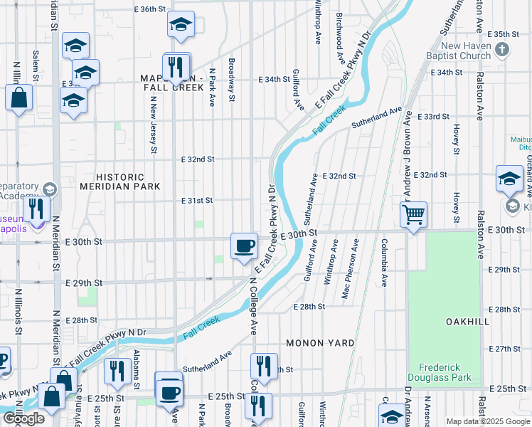 map of restaurants, bars, coffee shops, grocery stores, and more near 3038 East Fall Creek Parkway North Drive in Indianapolis