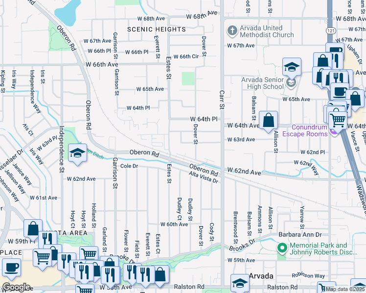map of restaurants, bars, coffee shops, grocery stores, and more near 8656 West 62nd Place in Arvada