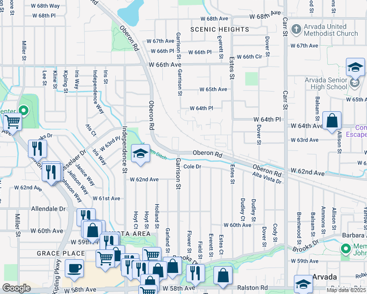 map of restaurants, bars, coffee shops, grocery stores, and more near 9145 Oberon Road in Arvada