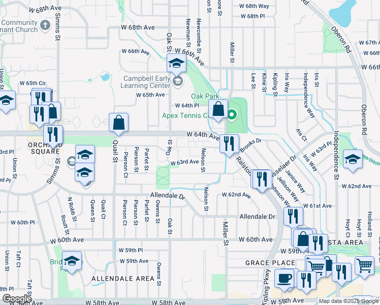 map of restaurants, bars, coffee shops, grocery stores, and more near 10693 West 63rd Drive in Arvada