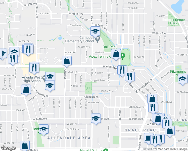 map of restaurants, bars, coffee shops, grocery stores, and more near 6350 Oak Street in Arvada