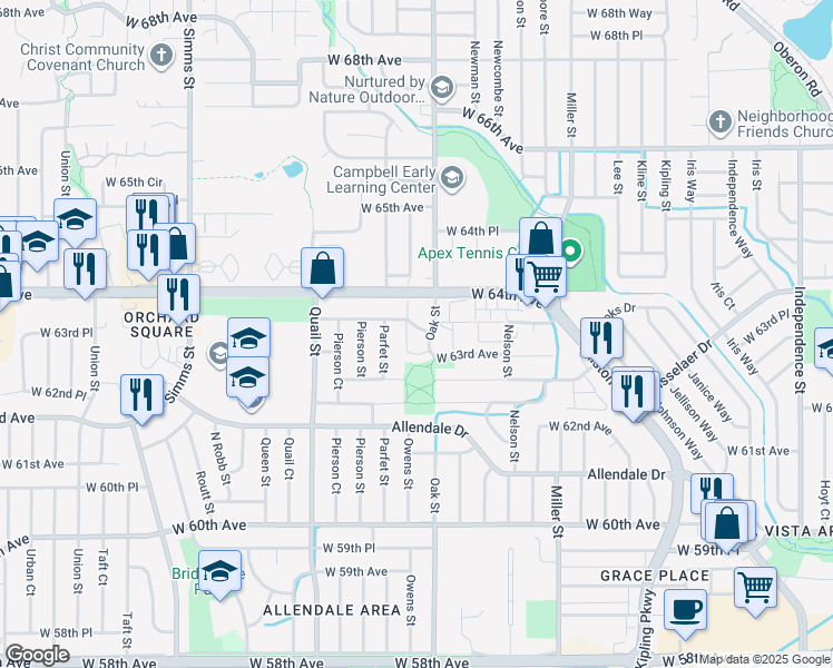 map of restaurants, bars, coffee shops, grocery stores, and more near 6348 Oak Court in Arvada