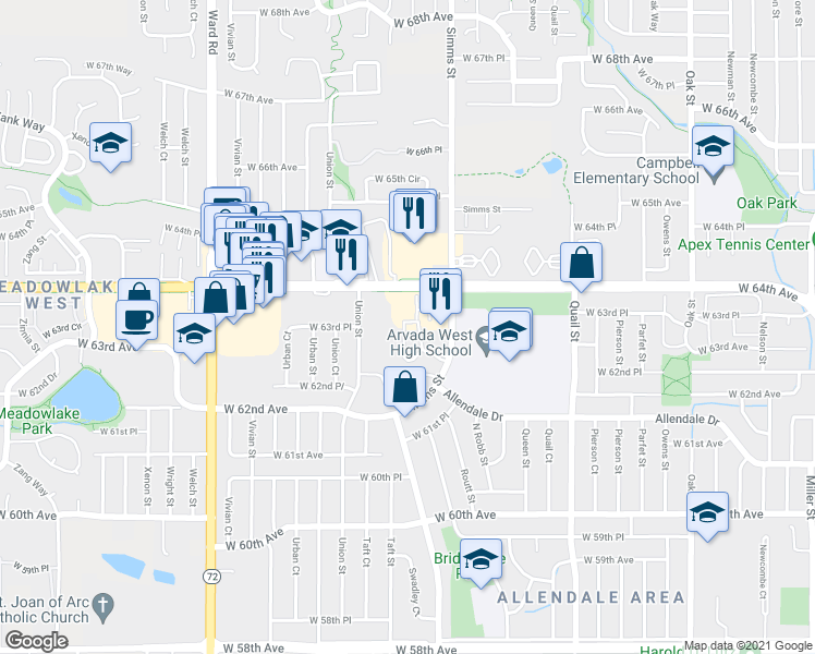 map of restaurants, bars, coffee shops, grocery stores, and more near 11640 West 62nd Place in Arvada