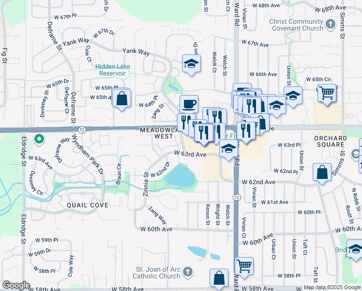 map of restaurants, bars, coffee shops, grocery stores, and more near 6320 Yank Court in Arvada