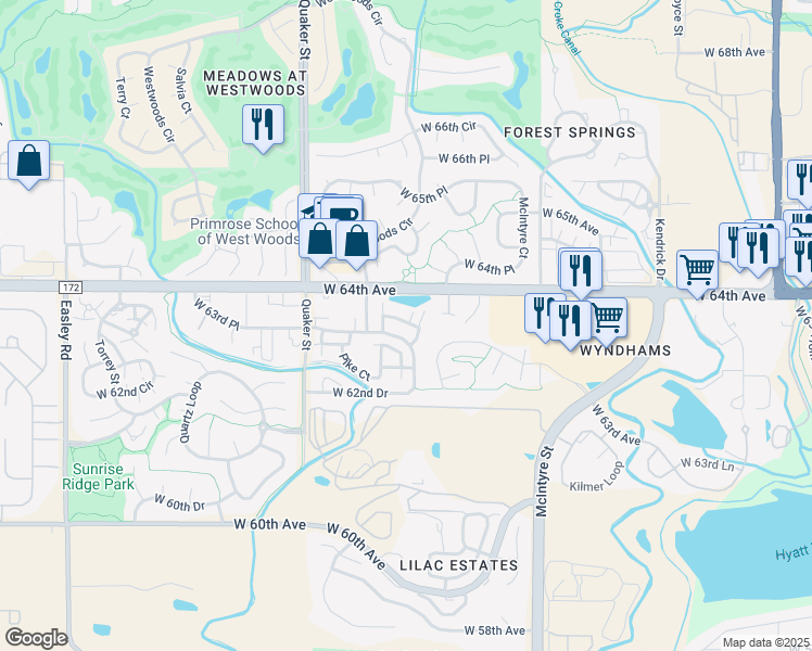 map of restaurants, bars, coffee shops, grocery stores, and more near 16022 West 63rd Lane in Arvada