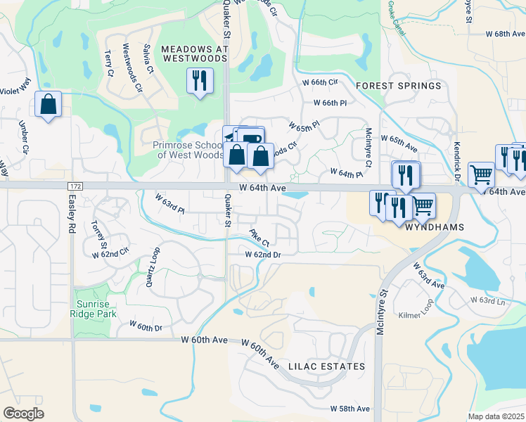 map of restaurants, bars, coffee shops, grocery stores, and more near 6365 Pike Street in Arvada