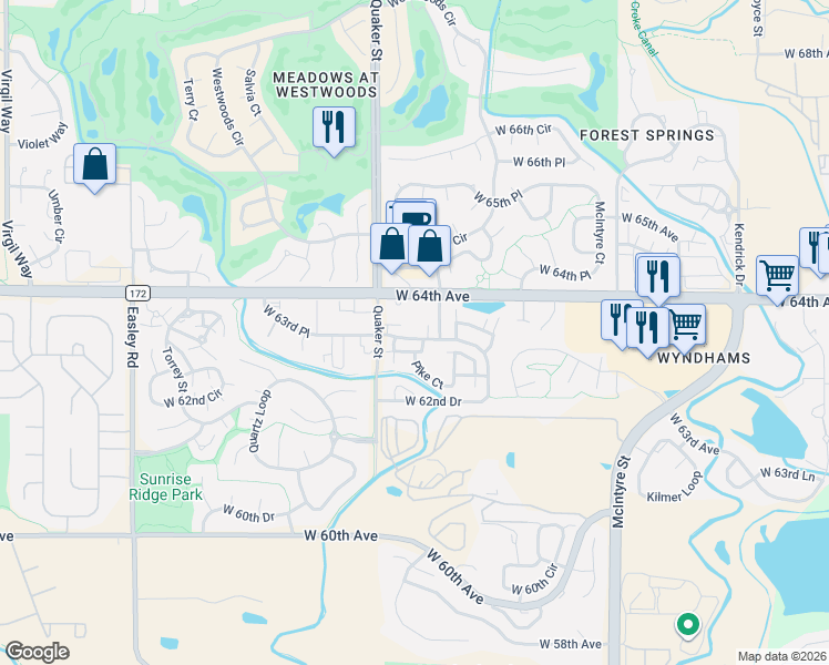 map of restaurants, bars, coffee shops, grocery stores, and more near 16313 West 63rd Place in Arvada