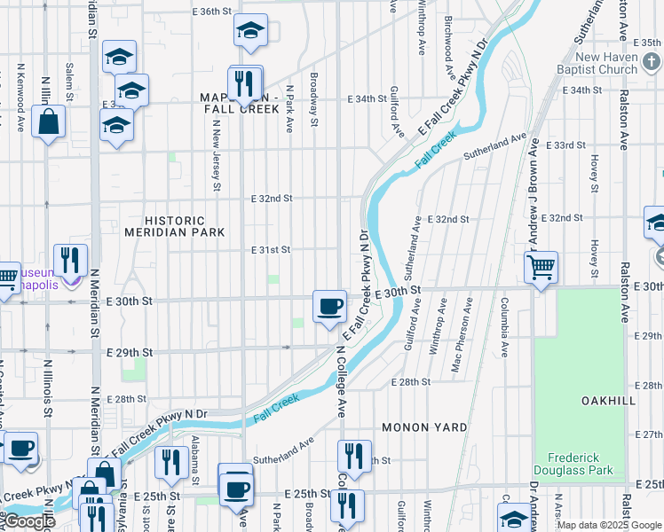 map of restaurants, bars, coffee shops, grocery stores, and more near 3032 North College Avenue in Indianapolis