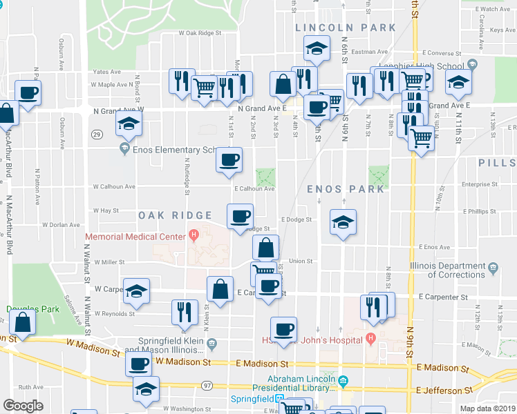 map of restaurants, bars, coffee shops, grocery stores, and more near 900 North 1st Street in Springfield