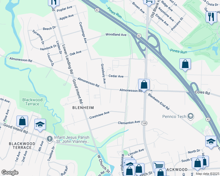 map of restaurants, bars, coffee shops, grocery stores, and more near 255 Almonesson Road in Camden County