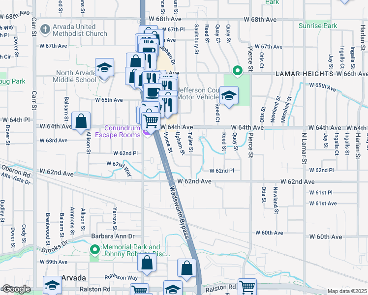 map of restaurants, bars, coffee shops, grocery stores, and more near 6324 Upham Street in Arvada