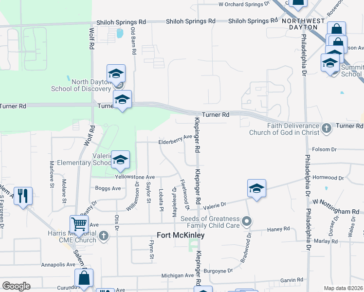map of restaurants, bars, coffee shops, grocery stores, and more near 4185 Meadowdale Drive in Dayton