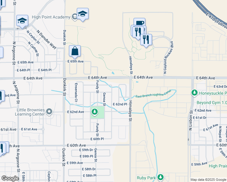 map of restaurants, bars, coffee shops, grocery stores, and more near 6324 North Genoa Way in Aurora