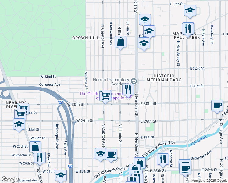 map of restaurants, bars, coffee shops, grocery stores, and more near 3101 North Kenwood Avenue in Indianapolis