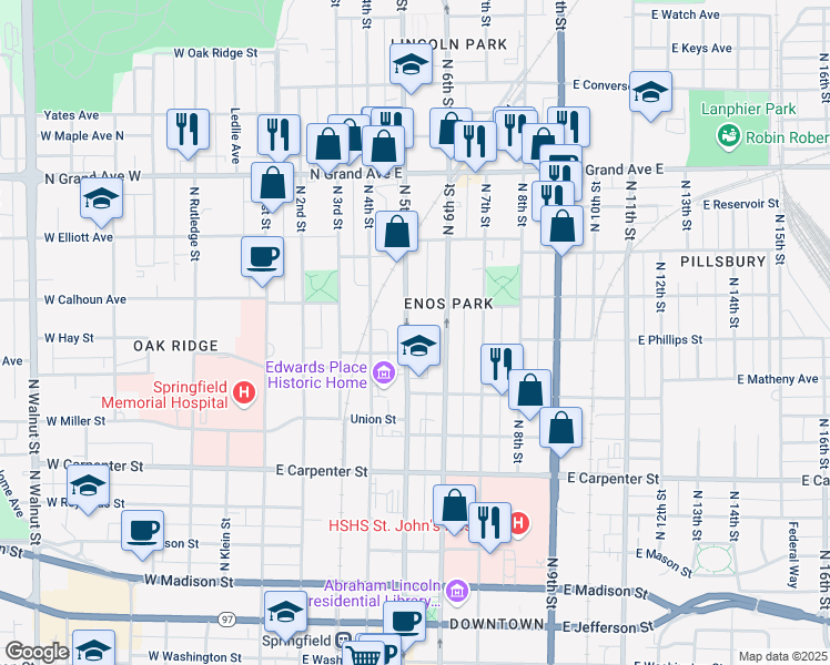 map of restaurants, bars, coffee shops, grocery stores, and more near 916 North 5th Street in Springfield