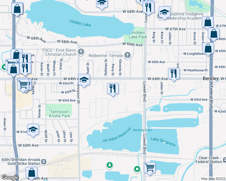 map of restaurants, bars, coffee shops, grocery stores, and more near 6281 Osceola Way in Arvada