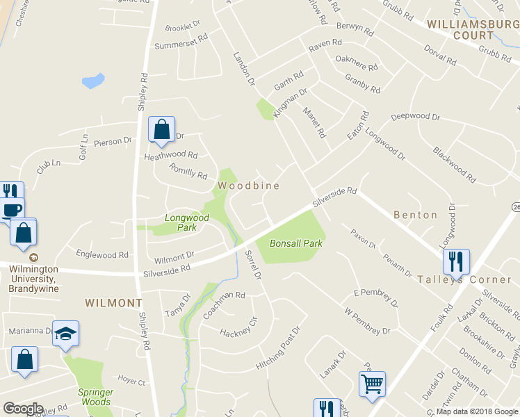 map of restaurants, bars, coffee shops, grocery stores, and more near 2404 Greendale Road in Wilmington