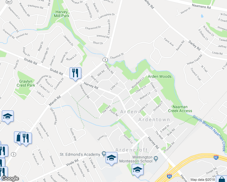 map of restaurants, bars, coffee shops, grocery stores, and more near 1905 Harvey Road in Wilmington