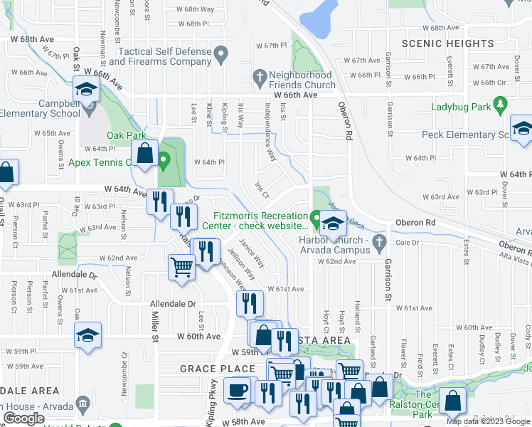 map of restaurants, bars, coffee shops, grocery stores, and more near 6353 Iris Way in Arvada