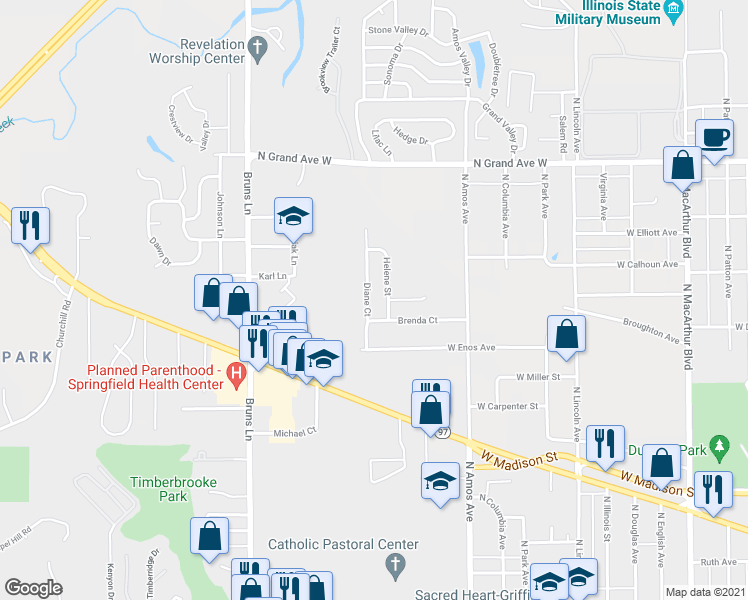 map of restaurants, bars, coffee shops, grocery stores, and more near 804 Diane Court in Springfield