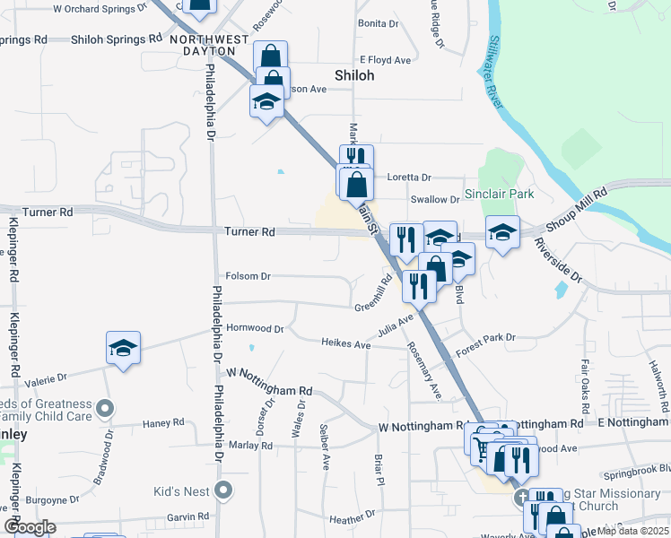 map of restaurants, bars, coffee shops, grocery stores, and more near 141 Folsom Drive in Dayton
