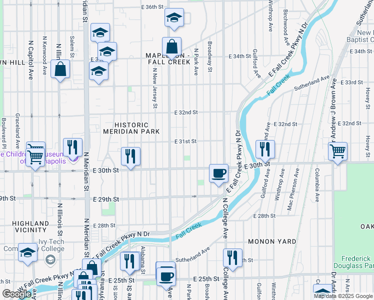 map of restaurants, bars, coffee shops, grocery stores, and more near 3041 Ruckle St in Indianapolis