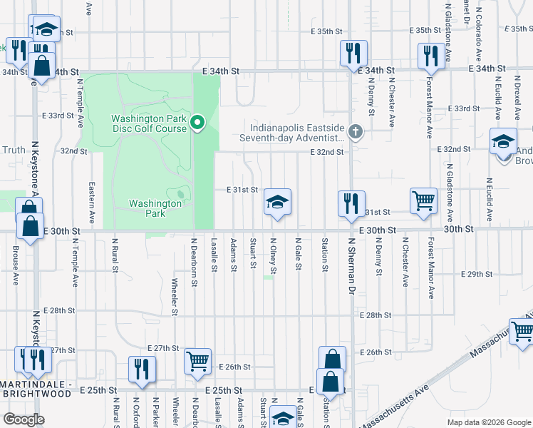 map of restaurants, bars, coffee shops, grocery stores, and more near 3026 North Olney Street in Indianapolis