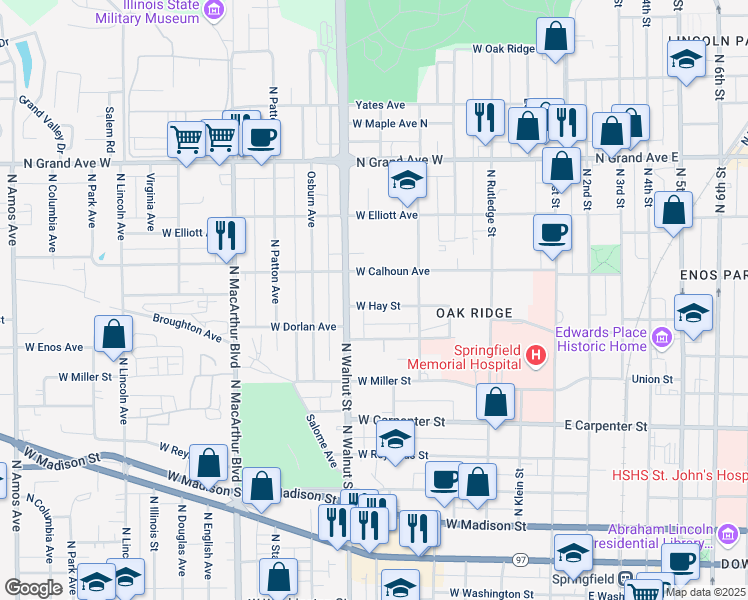 map of restaurants, bars, coffee shops, grocery stores, and more near 625 West Hay Street in Springfield