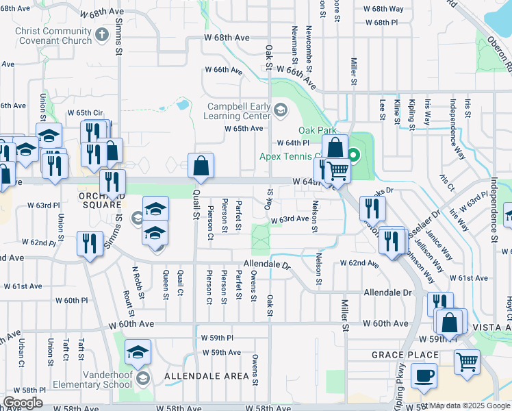 map of restaurants, bars, coffee shops, grocery stores, and more near 6348 Oak Court in Arvada