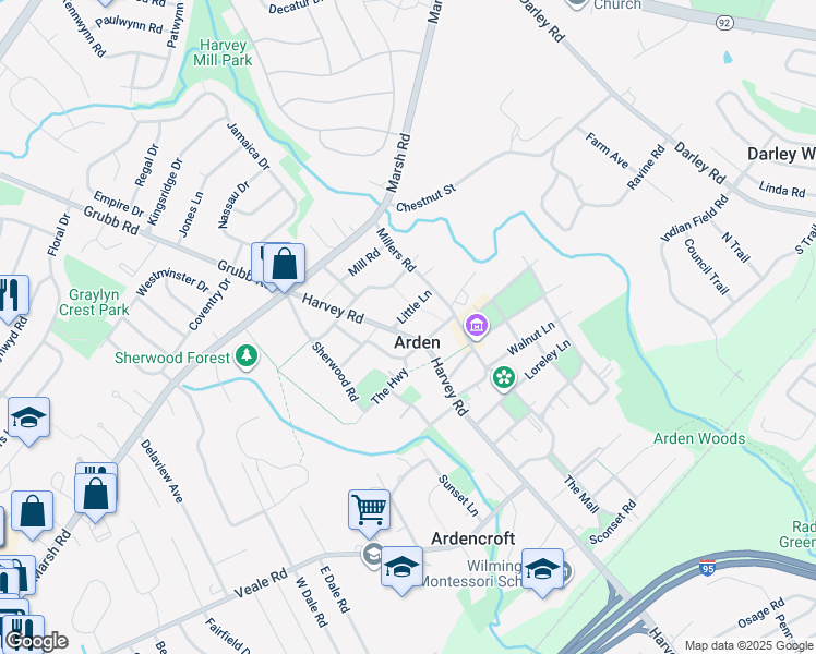 map of restaurants, bars, coffee shops, grocery stores, and more near 1905 Harvey Road in Wilmington