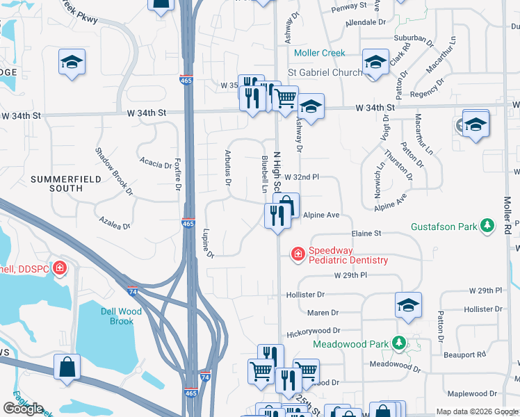 map of restaurants, bars, coffee shops, grocery stores, and more near 6325 Columbine Drive in Indianapolis
