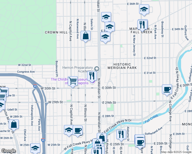 map of restaurants, bars, coffee shops, grocery stores, and more near 3050 North Meridian Street in Indianapolis