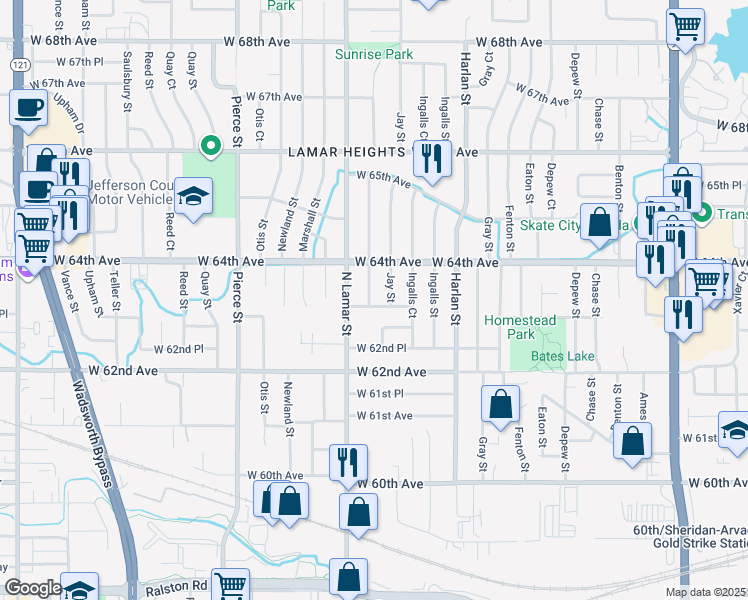 map of restaurants, bars, coffee shops, grocery stores, and more near 6332 Kendall Street in Arvada