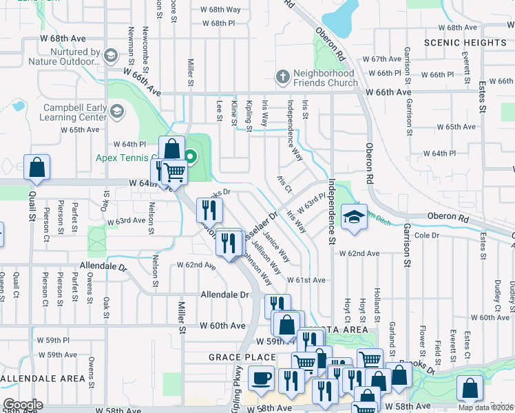 map of restaurants, bars, coffee shops, grocery stores, and more near 6362 Brooks Drive in Arvada