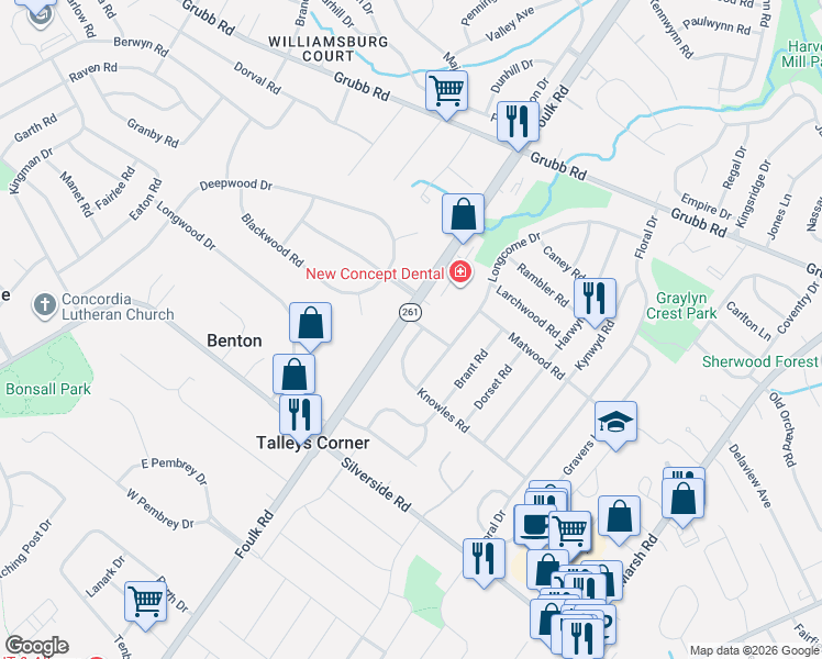 map of restaurants, bars, coffee shops, grocery stores, and more near 2406 Marleton Drive in Wilmington