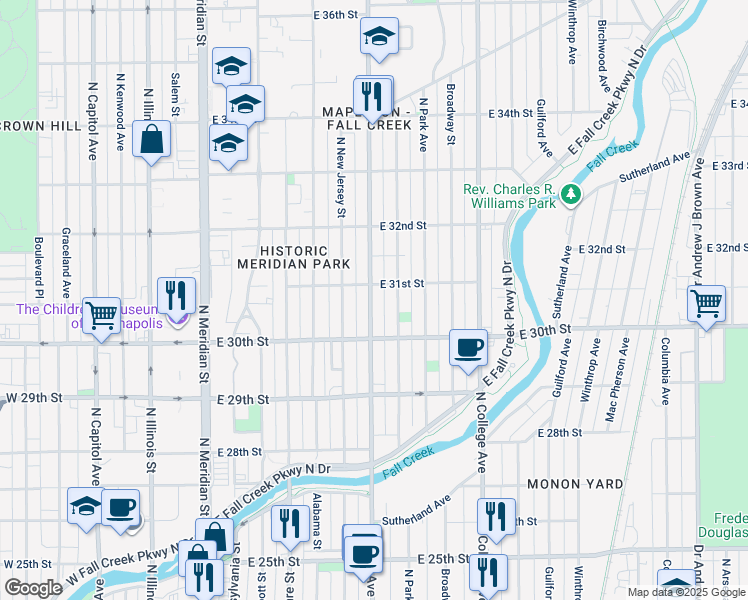 map of restaurants, bars, coffee shops, grocery stores, and more near 3053 Central Avenue in Indianapolis
