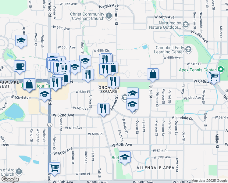 map of restaurants, bars, coffee shops, grocery stores, and more near 6375 Simms Street in Arvada