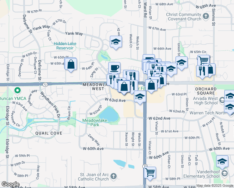 map of restaurants, bars, coffee shops, grocery stores, and more near 12680 West 64th Avenue in Arvada