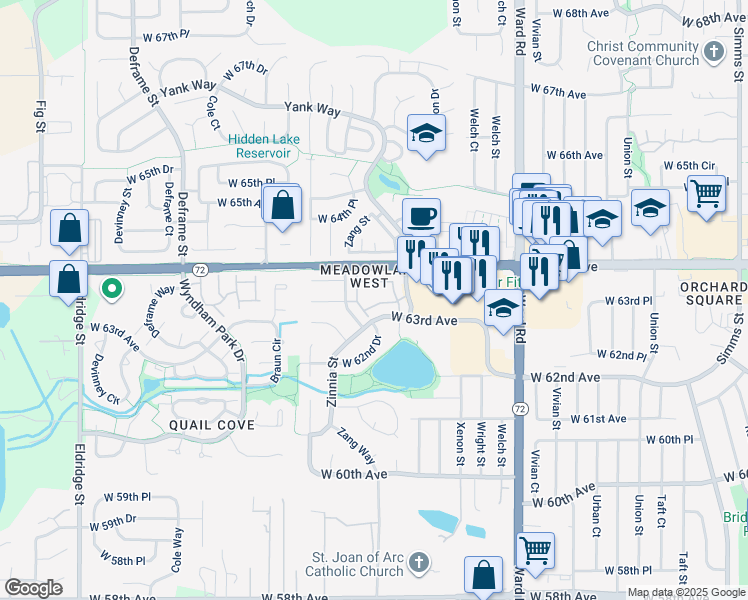 map of restaurants, bars, coffee shops, grocery stores, and more near 13015 West 63rd Circle in Arvada