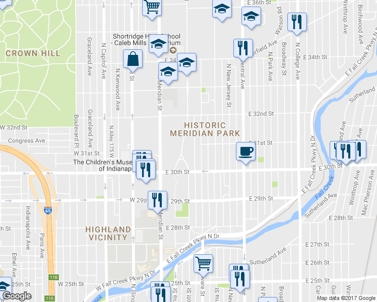 map of restaurants, bars, coffee shops, grocery stores, and more near 3051 North Pennsylvania Street in Indianapolis
