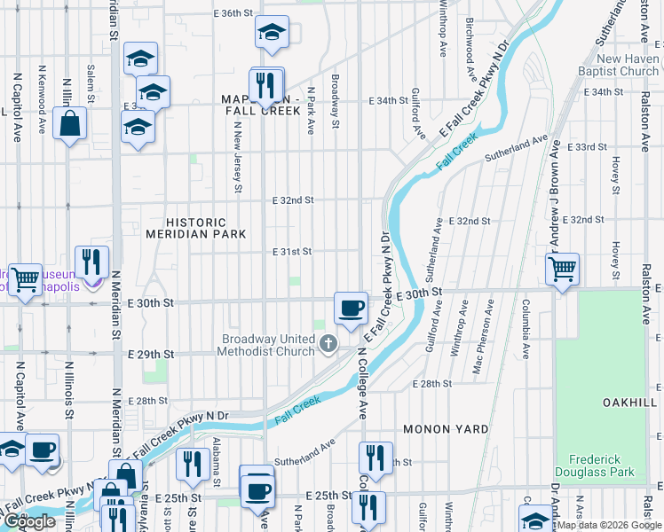 map of restaurants, bars, coffee shops, grocery stores, and more near 3042 Broadway Street in Indianapolis