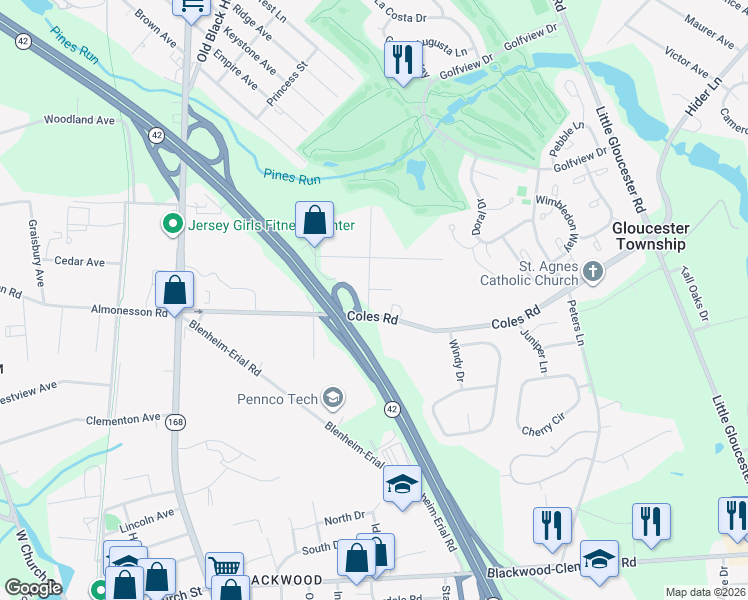 map of restaurants, bars, coffee shops, grocery stores, and more near 705 Camden Avenue in Camden County