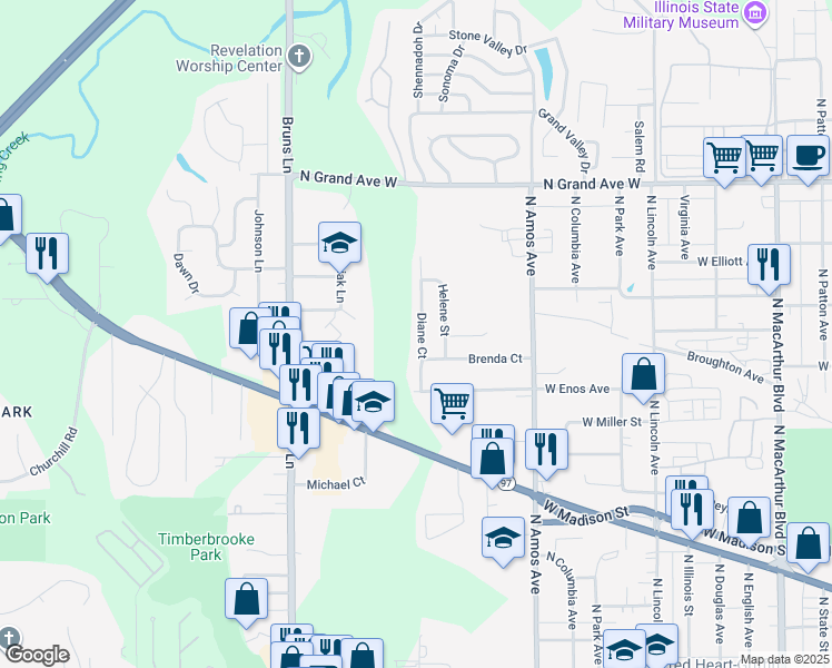 map of restaurants, bars, coffee shops, grocery stores, and more near 804 Diane Court in Springfield