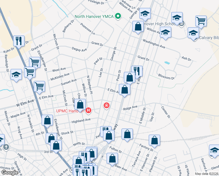 map of restaurants, bars, coffee shops, grocery stores, and more near 408 East Elm Avenue in Hanover